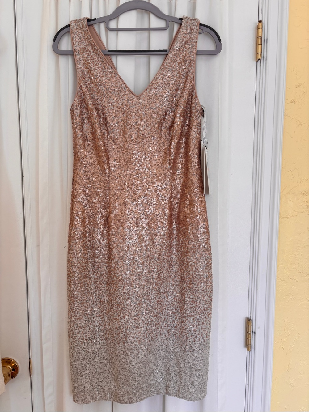 Calvin Klein Rose Gold Ombré Sequin V-Neck Midi Dress
